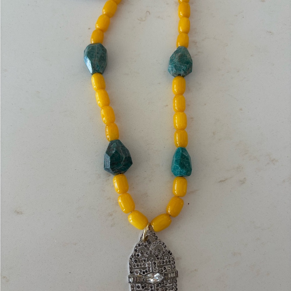 Made In The Derp South Yellow and Green Beaded Necklace with Intricate Pendant.